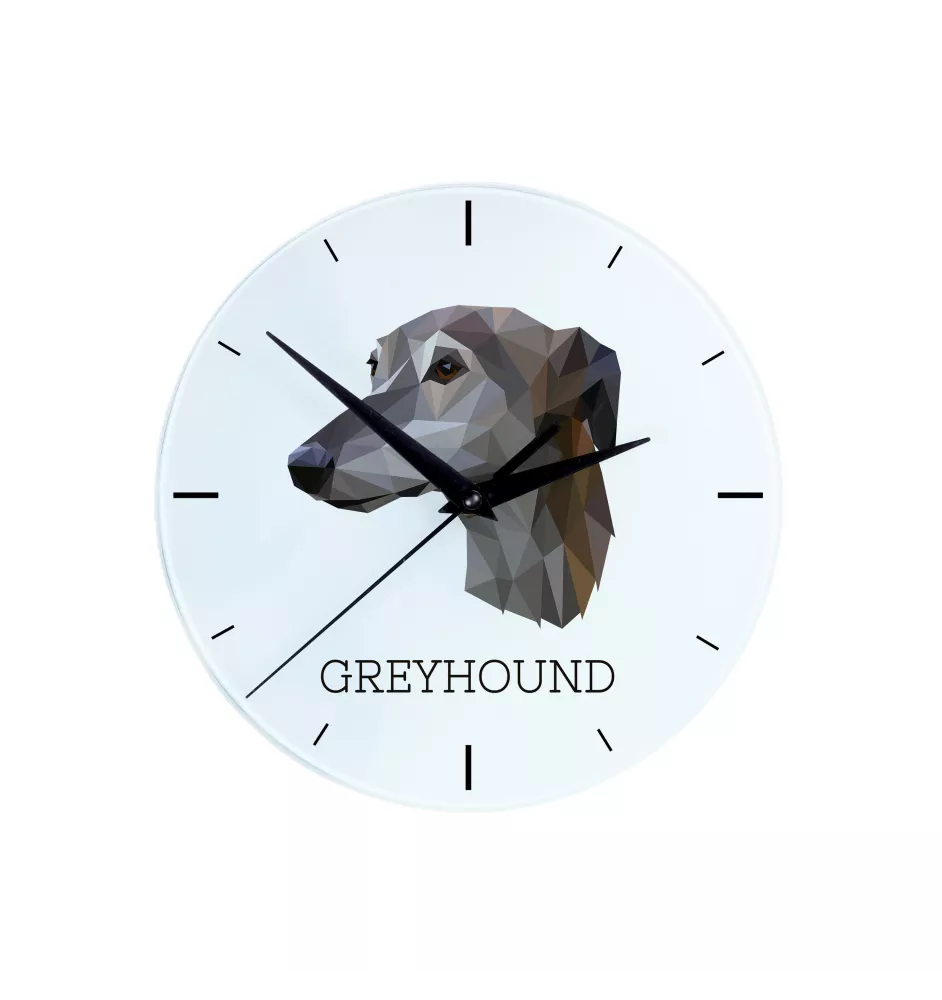 Lévrier anglais, Greyhound - horloge murale géométrique avec photo et logo de la marque Art-Dog