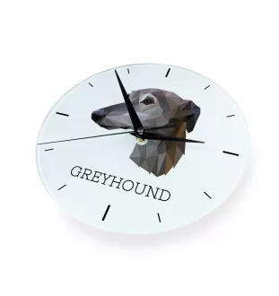 Greyhound, Grosser Englischer Windhund - geometrische Wanduhr mit Bild und Aufschrift der Marke Art-Dog