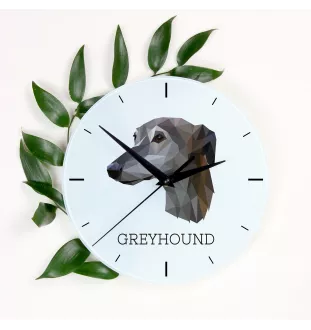 Greyhound, English Greyhound - geometric wall clock with a picture and the brand name Art-Dog