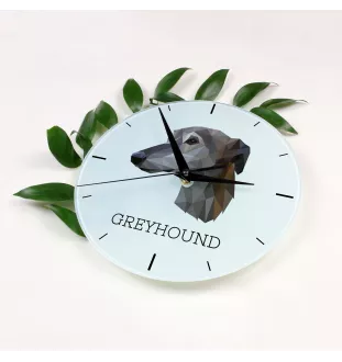 Lévrier anglais, Greyhound - horloge murale géométrique avec photo et logo de la marque Art-Dog