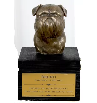 Brüsseler Griffon, Griffon Bruxellois - eine Urne mit Gravur und Hundeskulptur, letzter Abschied, handgefertigtes Produkt der Marke Art-Dog