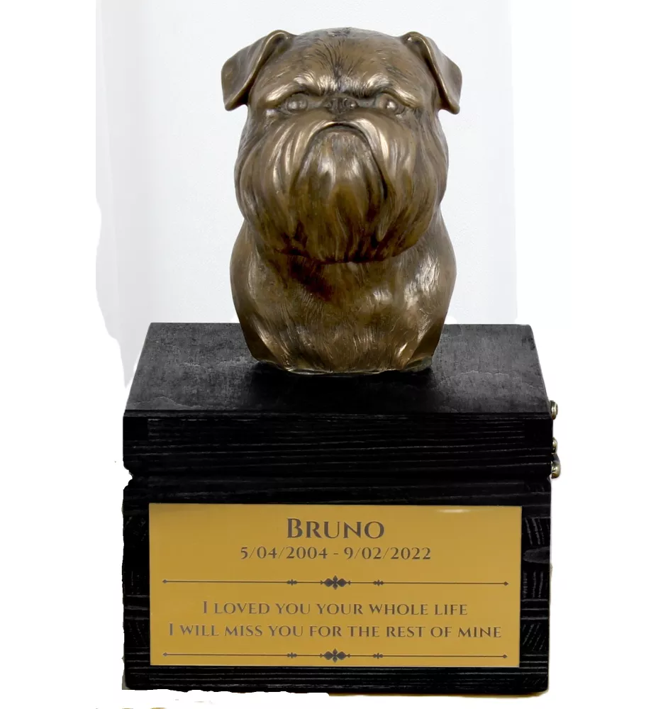 Brüsseler Griffon, Griffon Bruxellois - eine Urne mit Gravur und Hundeskulptur, letzter Abschied, handgefertigtes Produkt der Marke Art-Dog