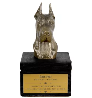Deutsche Dogge, Ulmer Dogge, Große Dogge I - eine Urne mit Gravur und Hundeskulptur, letzter Abschied, handgefertigtes Produkt der Marke Art-Dog