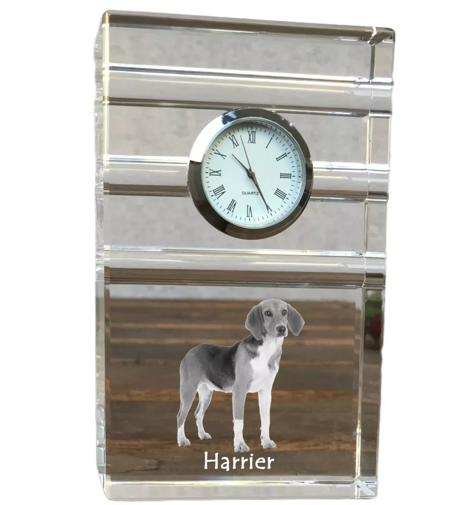 Harrier - Glasuhr mit Foto, Foto eines Hundes im Kristall, personalisierte Tischuhr für das Büro der Marke Art-Dog