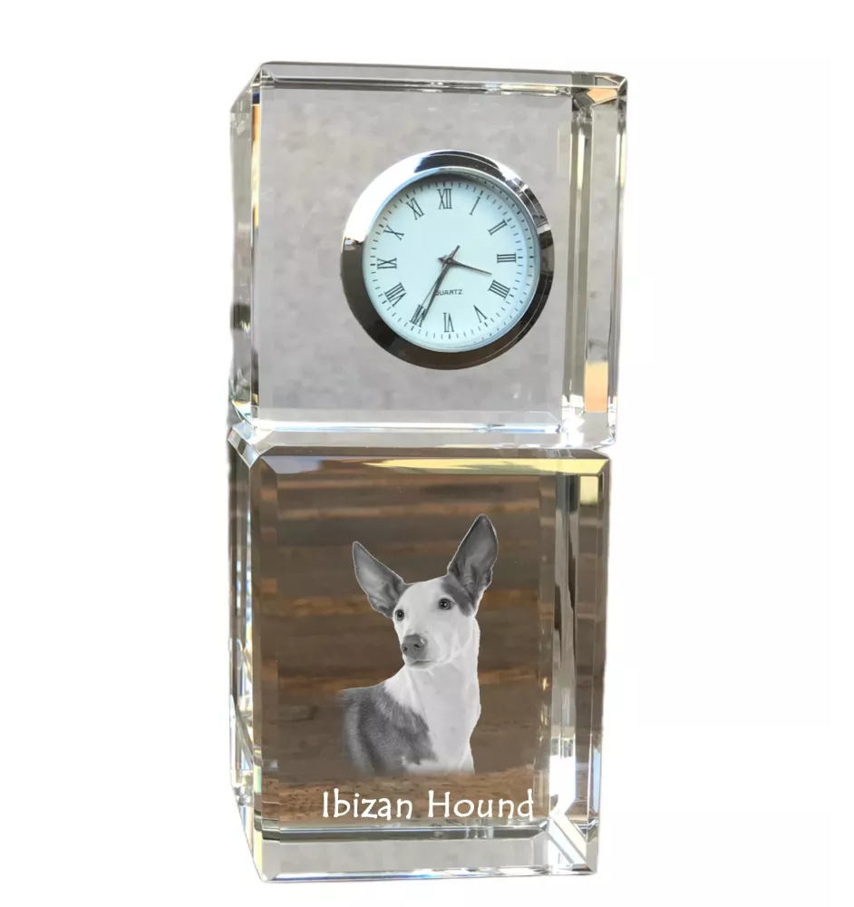 Podenco d'Ibiza, chien de garenne des Baléares - montre en cristal avec photo, photo de chien dans un cristal, horloge de bureau personnalisée de la marque Art-Dog