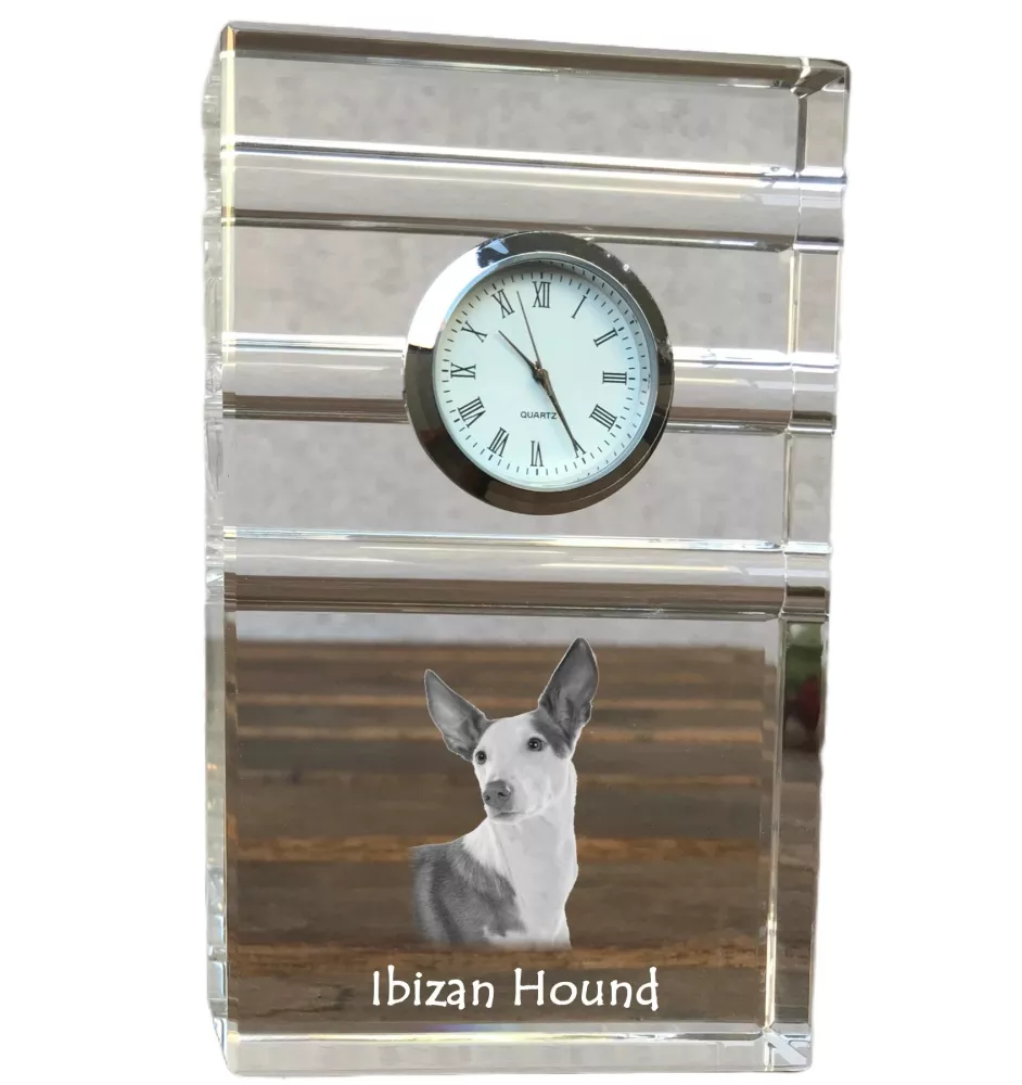 Ibizan Hound, Ibizan Podenco, Ibizan Warren Hound - glass clock with a photo, photo of a dog in crystal, personalized standing office clock by Art-Dog brand
