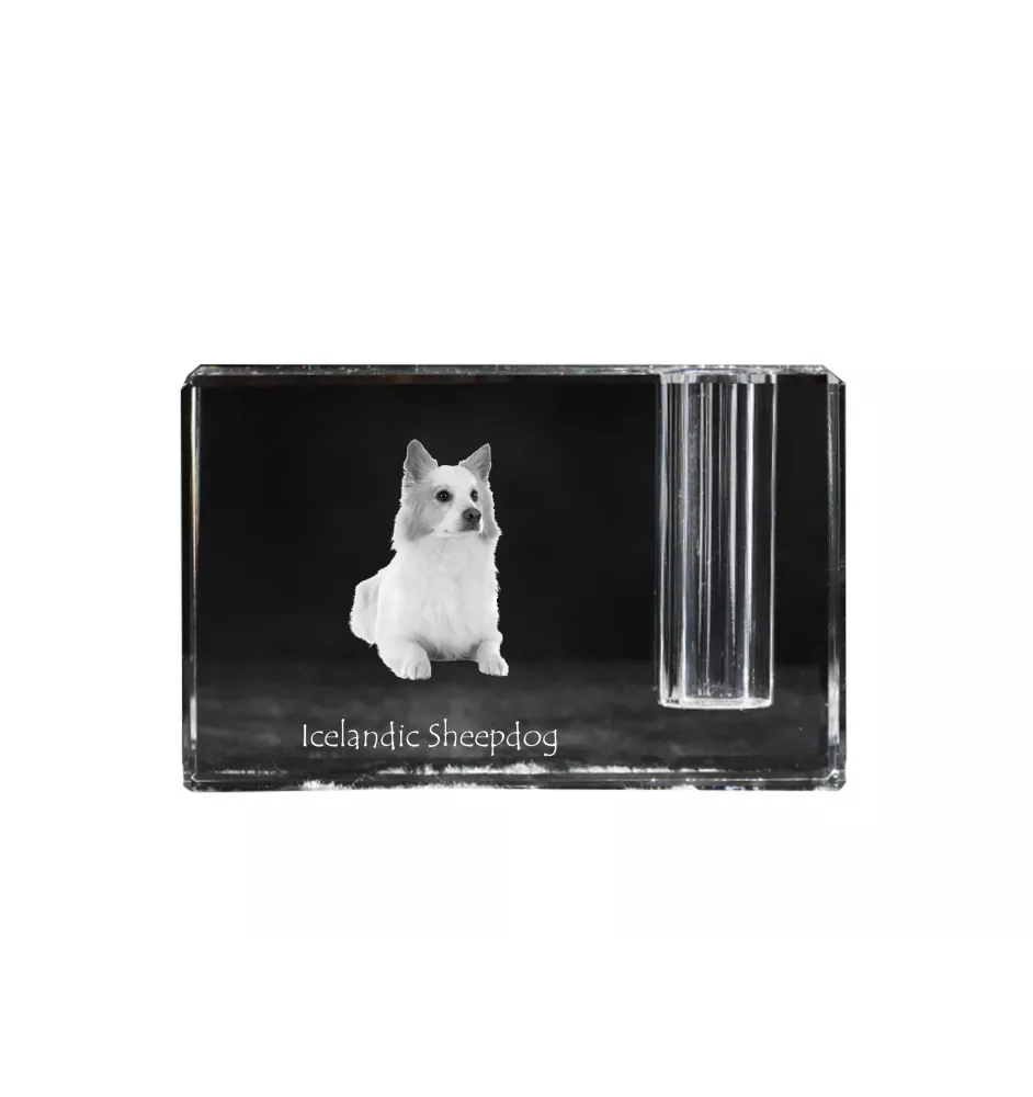 Icelandic Sheepdog, Icelandic Spitz, Iceland Dog - Pen stand, crystal organiser with dog photo, unique desk decoration by Art-Dog brand
