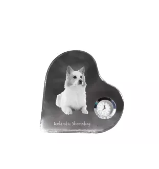 Icelandic Sheepdog, Icelandic Spitz, Iceland Dog - crystal clock with a dog picture, heart-shaped shelf clock, personalized standing clock by Art-Dog brand