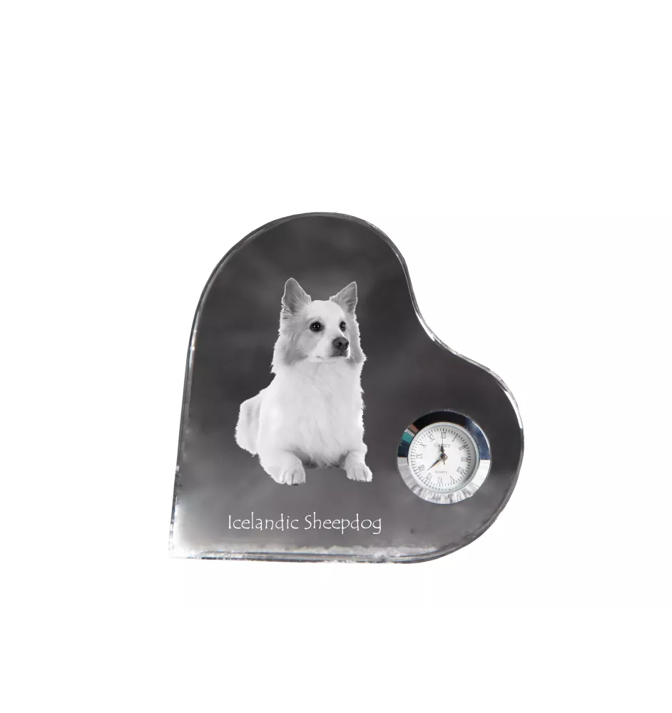 Icelandic Sheepdog, Icelandic Spitz, Iceland Dog - crystal clock with a dog picture, heart-shaped shelf clock, personalized standing clock by Art-Dog brand