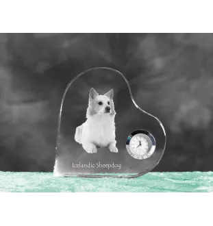 Icelandic Sheepdog, Icelandic Spitz, Iceland Dog - crystal clock with a dog picture, heart-shaped shelf clock, personalized standing clock by Art-Dog brand
