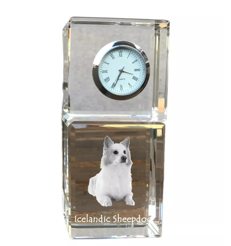 Chien de berger islandais, Berger d'Islande - montre en cristal avec photo, photo de chien dans un cristal, horloge de bureau personnalisée de la marque Art-Dog