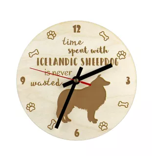 Chien de berger islandais, Berger d'Islande - horloge avec chien, horloge en bois, horloge murale pour les amoureux des chiens, horloge de bureau et étagère, Art-Dog