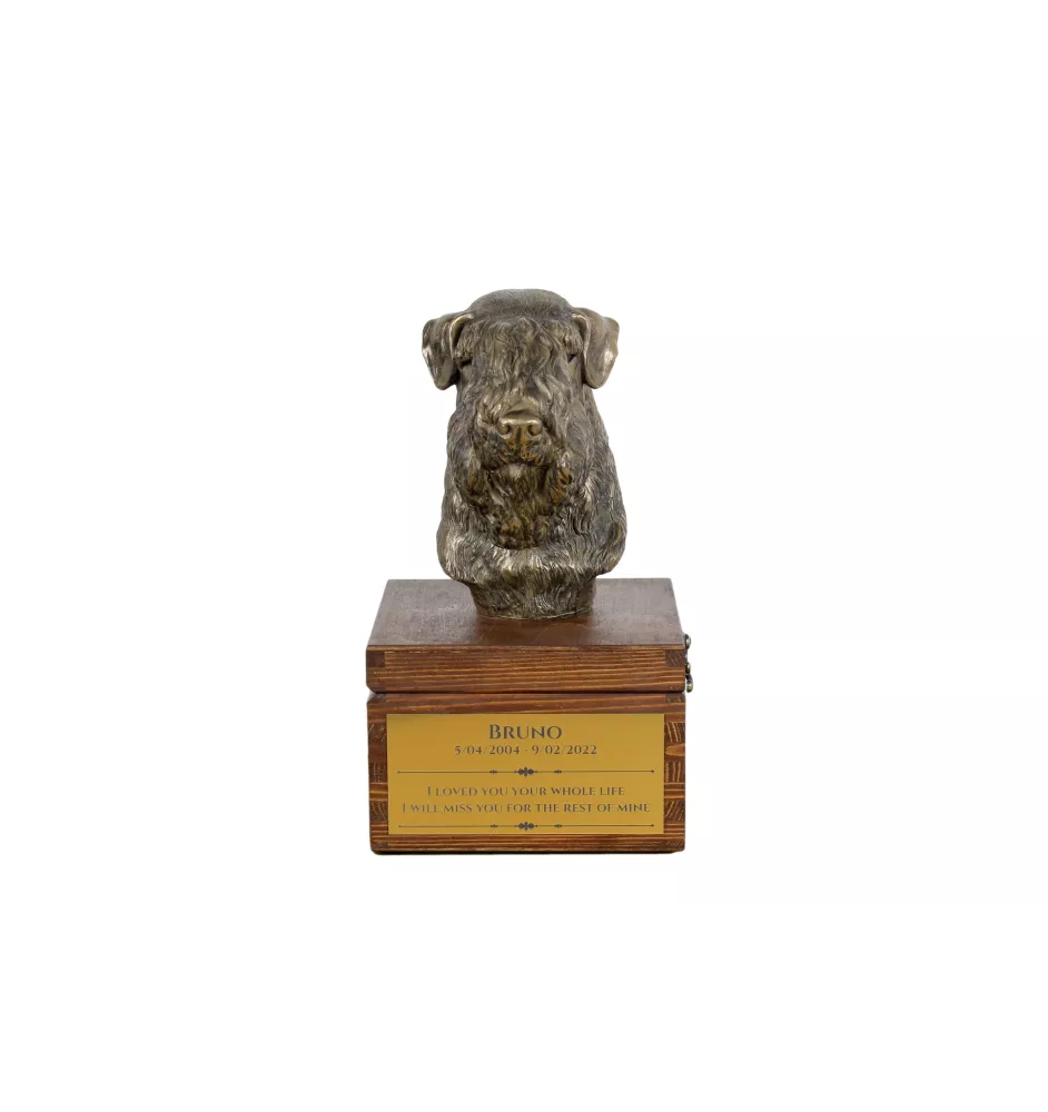 Soft-coated Wheatan Terrier  - Eine Ascheurne für Hunde mit einer Statuette, eine kleine Urne für Hunde, eine personalisierte Urne mit dem Porträt eines Hundes von der Marke Art-Dog.