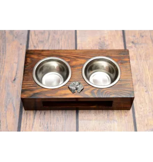 Soft-coated Wheatan Terrier  - wooden stand with bowls for a dog, steel dog bowls, a gift for adopting a dog from the Art-Dog brand