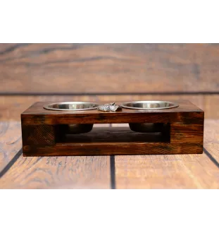 Soft-coated Wheatan Terrier  - wooden stand with bowls for a dog, steel dog bowls, a gift for adopting a dog from the Art-Dog brand