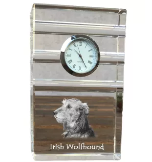 Lévrier irlandais, Irish wolfhound - une horloge en verre avec une photo, une photo de chien dans un cristal, une horloge de bureau personnalisée de la marque Art-Dog