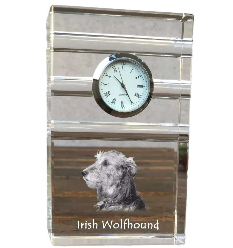 Lévrier irlandais, Irish wolfhound - une horloge en verre avec une photo, une photo de chien dans un cristal, une horloge de bureau personnalisée de la marque Art-Dog