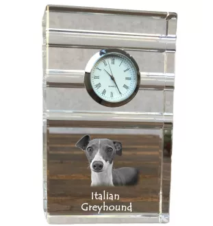 Levrette d'Italie, Petit lévrier italien - une horloge en verre avec une photo, une photo de chien dans un cristal, une horloge de bureau personnalisée de la marque Art-Dog