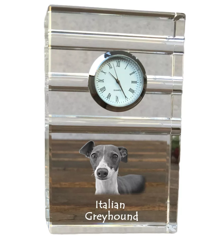 Levrette d'Italie, Petit lévrier italien - une horloge en verre avec une photo, une photo de chien dans un cristal, une horloge de bureau personnalisée de la marque Art-Dog