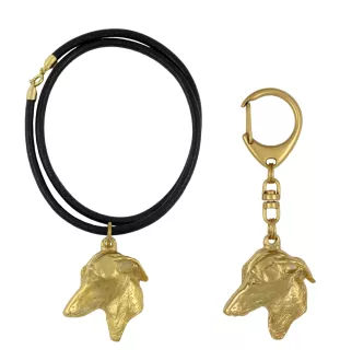 Levrette d'Italie, Petit lévrier italien - porte-clés et collier avec chien dans une boîte, produit plaqué or de haute qualité, marque Art-Dog