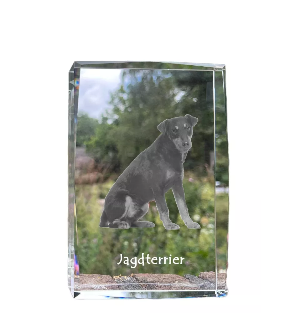 Jagdterrier - Kristall mit einem Hundebild, Bild im Glas, moderne Ausstellung des Art-Dog-Bildes.