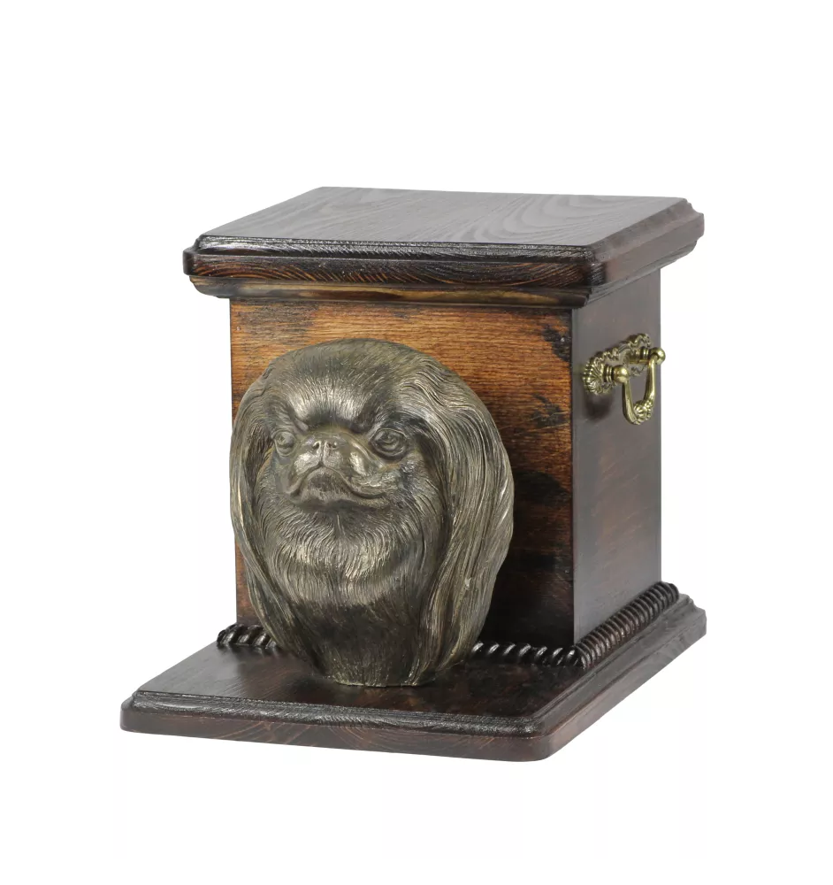 Japan Chin - Eine Urne für die Asche eines Hundes mit einer Statuette, eine elegante Urne für einen Hund, eine außergewöhnliche Urne mit dem Porträt eines Hundes von der Marke Art-Dog.