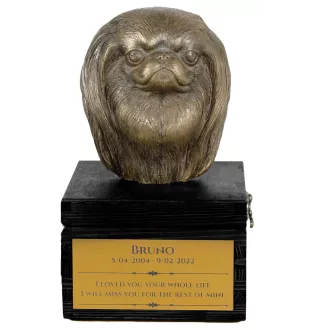 Japan Chin - eine Urne mit Gravur und Hundeskulptur, letzter Abschied, handgefertigtes Produkt der Marke Art-Dog