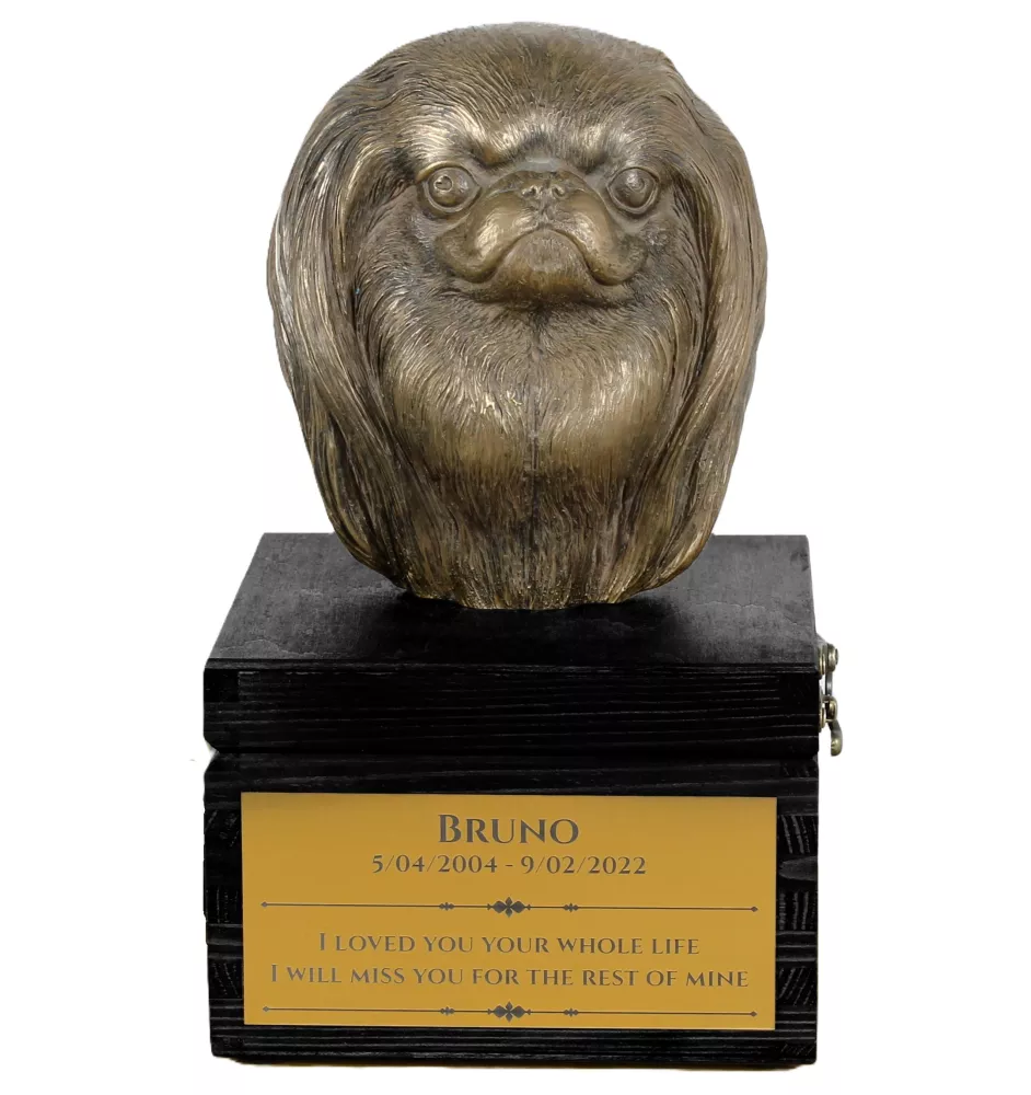 Japan Chin - eine Urne mit Gravur und Hundeskulptur, letzter Abschied, handgefertigtes Produkt der Marke Art-Dog