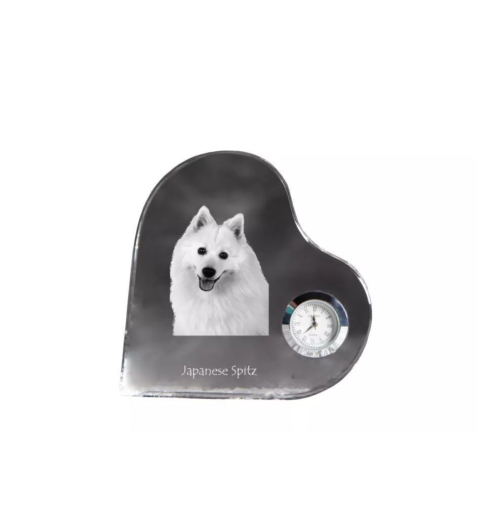Japan-Spitz, Japanischer Spitz, Nihon Supittsu - Kristalluhr mit einem Hundebild, Herzregal-Uhr, personalisierte Standuhr der Marke Art-Dog