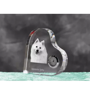 Japan-Spitz, Japanischer Spitz, Nihon Supittsu - Kristalluhr mit einem Hundebild, Herzregal-Uhr, personalisierte Standuhr der Marke Art-Dog
