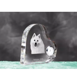 Japan-Spitz, Japanischer Spitz, Nihon Supittsu - Kristalluhr mit einem Hundebild, Herzregal-Uhr, personalisierte Standuhr der Marke Art-Dog