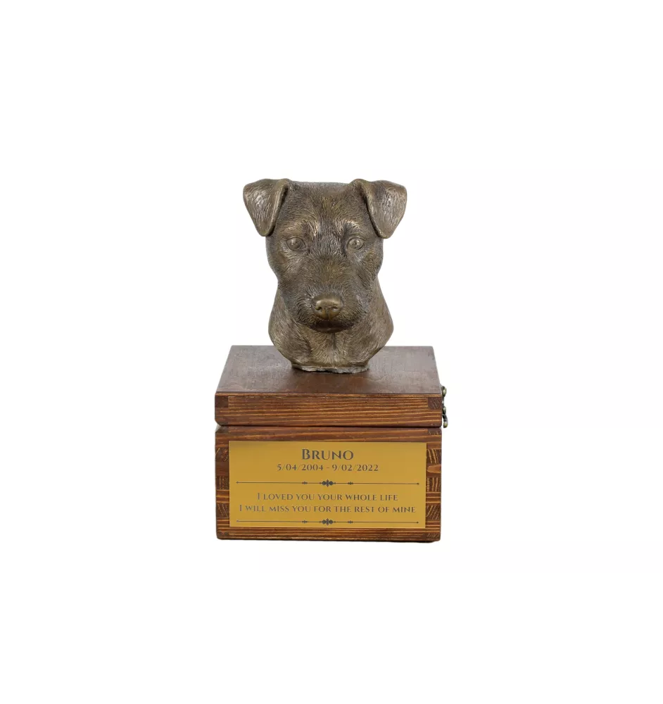 Jack Russell Terrier - Eine Ascheurne für Hunde mit einer Statuette, eine kleine Urne für Hunde, eine personalisierte Urne mit dem Porträt eines Hundes von der Marke Art-Dog.