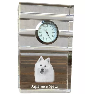 Japan-Spitz, Japanischer Spitz, Nihon Supittsu - Glasuhr mit Foto, Foto eines Hundes im Kristall, personalisierte Tischuhr für das Büro der Marke Art-Dog