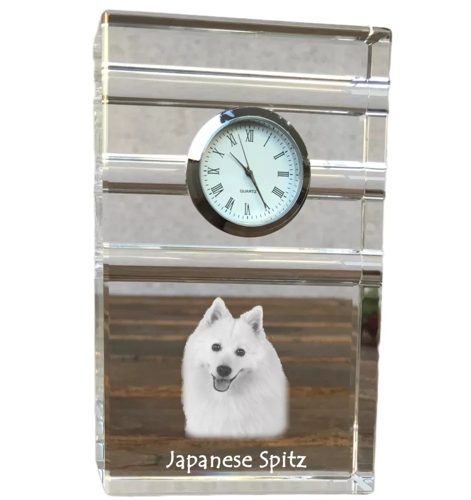 Japan-Spitz, Japanischer Spitz, Nihon Supittsu - Glasuhr mit Foto, Foto eines Hundes im Kristall, personalisierte Tischuhr für das Büro der Marke Art-Dog