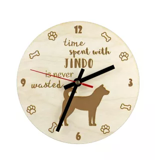 Jindo coréen, spitz coréen de Jindo - horloge avec chien, horloge en bois, horloge murale pour les amoureux des chiens, horloge de bureau et étagère, Art-Dog