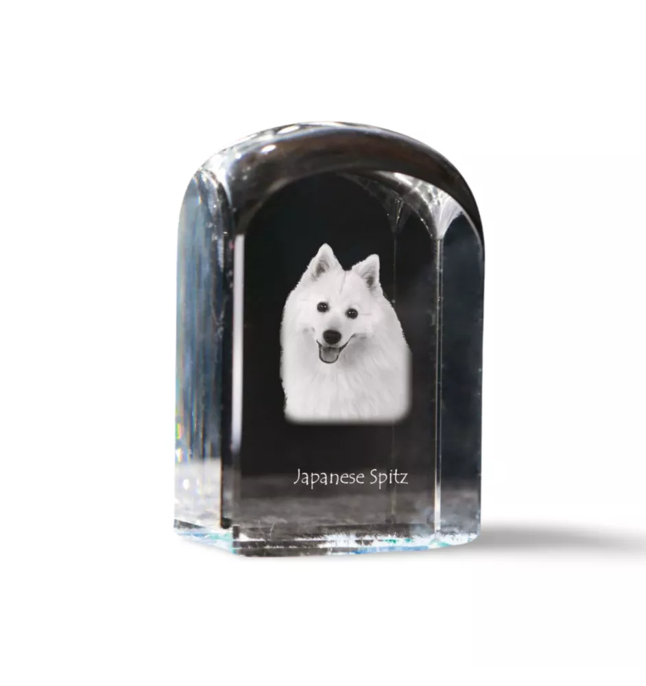 Japanese Spitz, Nihon Supittsu - crystal cube with a photo, photo of a dog in crystal, cubic paperweight from Art-Dog brand
