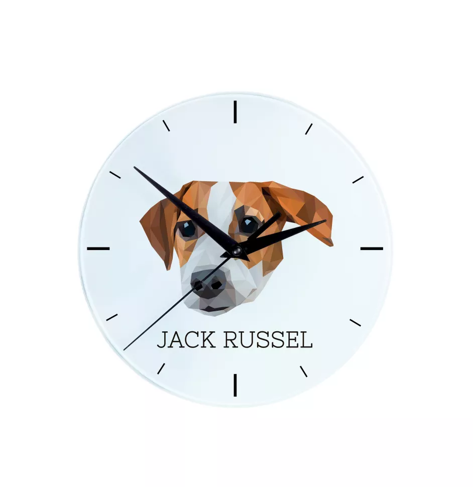 Jack Russell Terrier - geometrische Wanduhr mit Bild und Aufschrift der Marke Art-Dog