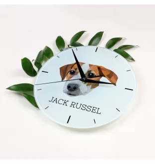 Jack Russell Terrier - geometrische Wanduhr mit Bild und Aufschrift der Marke Art-Dog