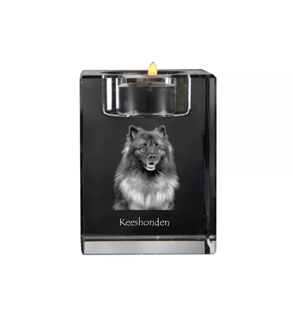 Keeshond, Spitz Loup,  - Bougeoir avec photo de chien, porte bougie en cristal, cadeau personnalisé par la marque Art-Dog