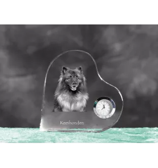 Keeshond, Dutch Barge Dog, Smiling Dutchman, - crystal clock with a dog picture, heart-shaped shelf clock, personalized standing clock by Art-Dog brand