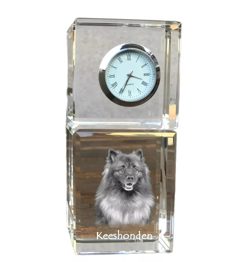 Keeshond, Wolfsspitz, Deutsche Spitze - Kristalluhr mit Foto, Hundebild im Kristall, personalisierte Schreibtischuhr von Art-Dog.