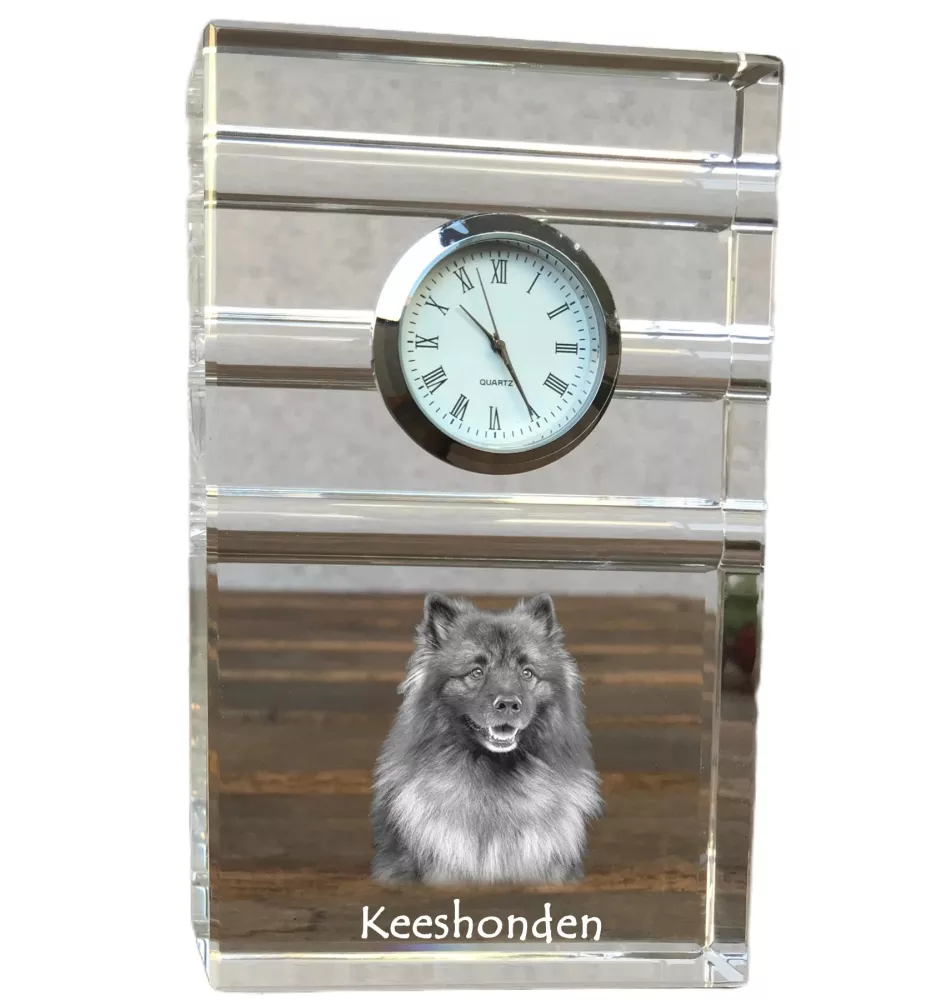 Keeshond, Spitz Loup,  - une horloge en verre avec une photo, une photo de chien dans un cristal, une horloge de bureau personnalisée de la marque Art-Dog