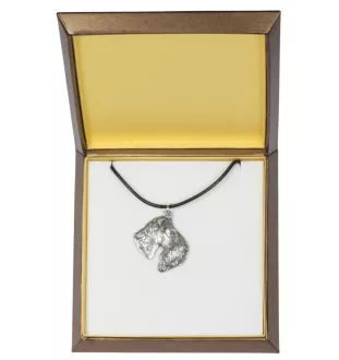 Kerry Blue Terrier, Irish Blue Terrier - Hundehalsband in Geschenkbox, versilbertes Medaillon für Hundefans, markanter Anhänger der Marke Art-Dog