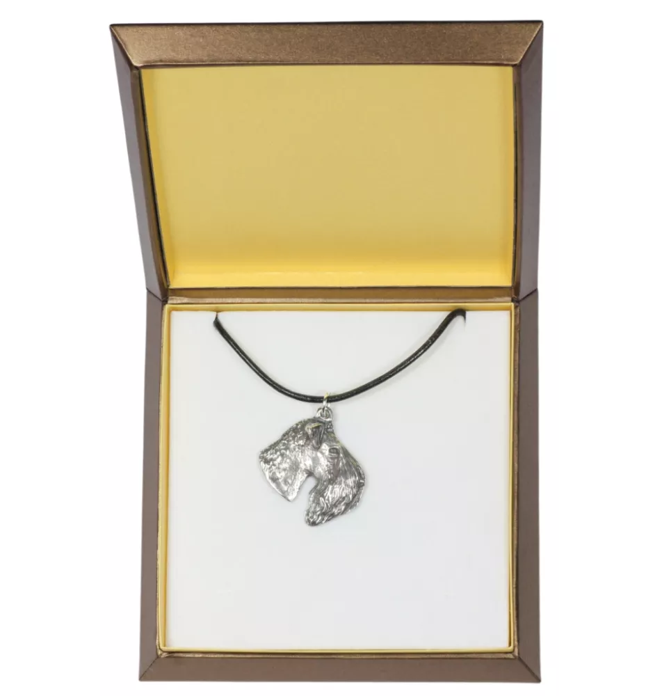 Kerry Blue Terrier, Irish Blue Terrier - Hundehalsband in Geschenkbox, versilbertes Medaillon für Hundefans, markanter Anhänger der Marke Art-Dog