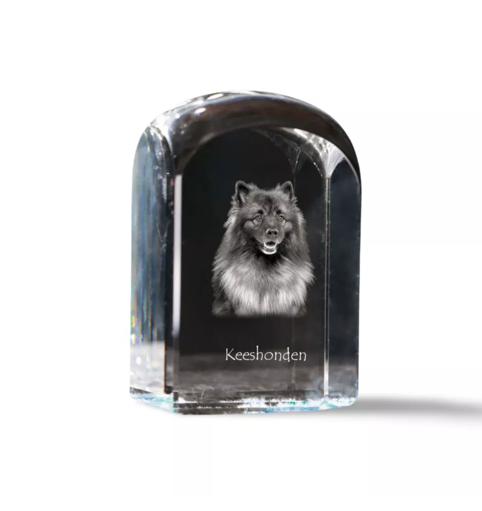 Keeshond, Spitz Loup,  - un cube de cristal avec une photo, une photo de chien dans le cristal, un presse-papiers cubique de la marque Art-Dog
