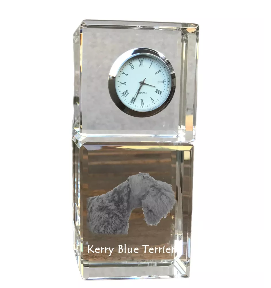 Kerry Blue Terrier, Irish Blue Terrier - Kristalluhr mit Foto, Hundebild im Kristall, personalisierte Schreibtischuhr von Art-Dog.