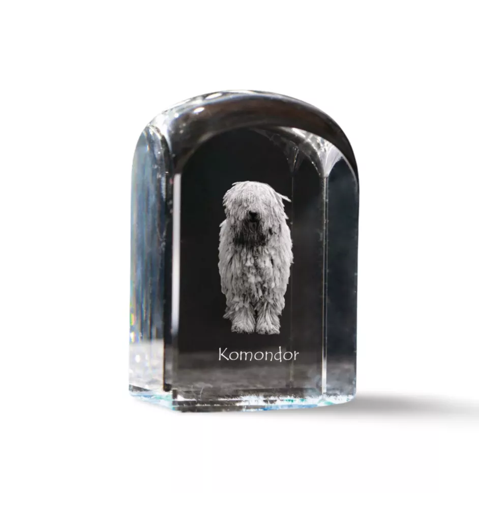 Komondor, Hungarian sheepdog, Mop Dog - crystal cube with a photo, photo of a dog in crystal, cubic paperweight from Art-Dog brand