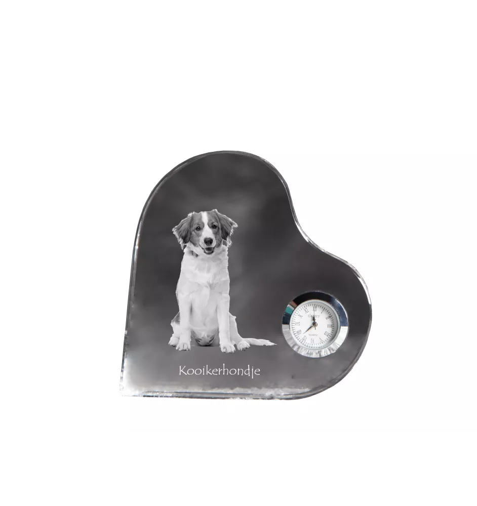 Kooikerhondje - crystal clock with a dog picture, heart-shaped shelf clock, personalized standing clock by Art-Dog brand