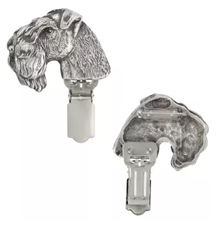 Kerry Blue Terrier, Irish Blue Terrier - brooch with a clip, holder for a start number, silver-plated dog show pin from the Art-Dog brand