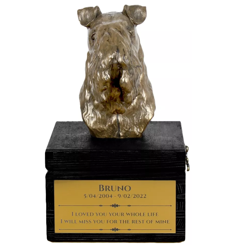 Kerry Blue Terrier, Irish Blue Terrier - an urn with an engraving and a sculpture of a dog, a handmade product by the Art-Dog brand.